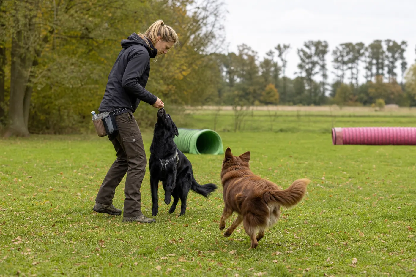 Honden en begeleider tijdens geurwerk en spel op de activiteitweide van DoeDenk in Utrecht