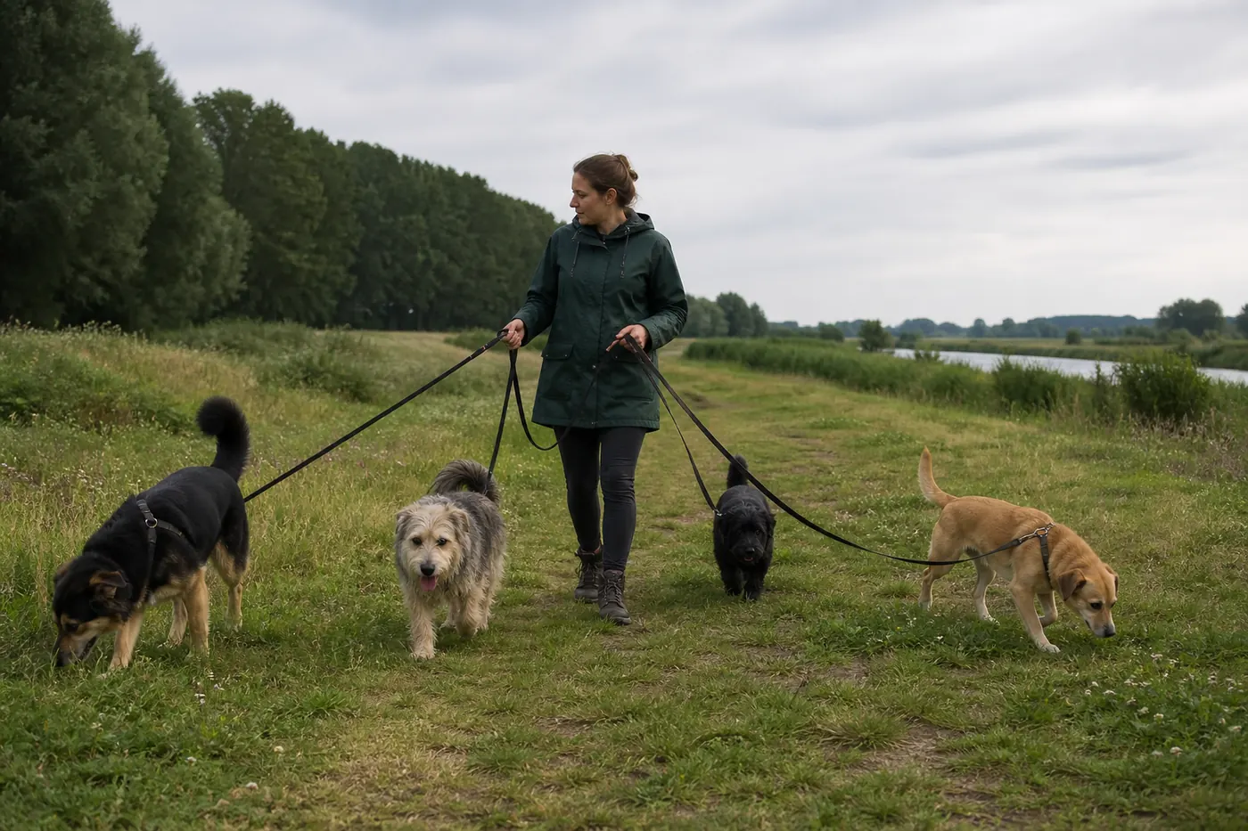 Begeleider loopt met vier honden aan lijnen over een weidepad bij het Utrechtse hondenresort