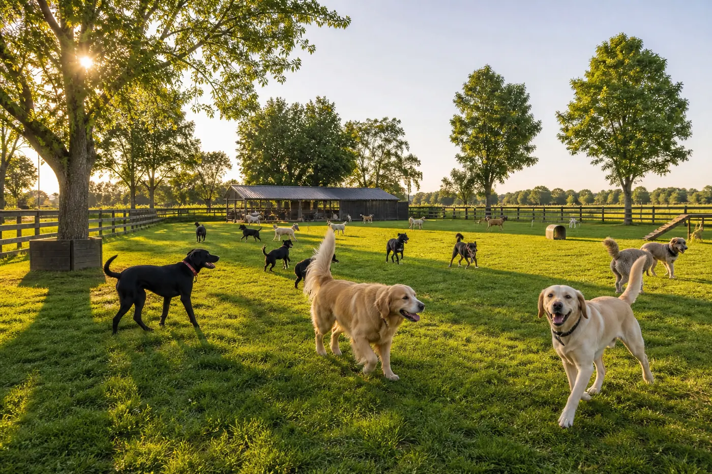 Meerdere honden spelen vrij op een ruime omheinde speelweide van de Utrechtse hondendagopvang