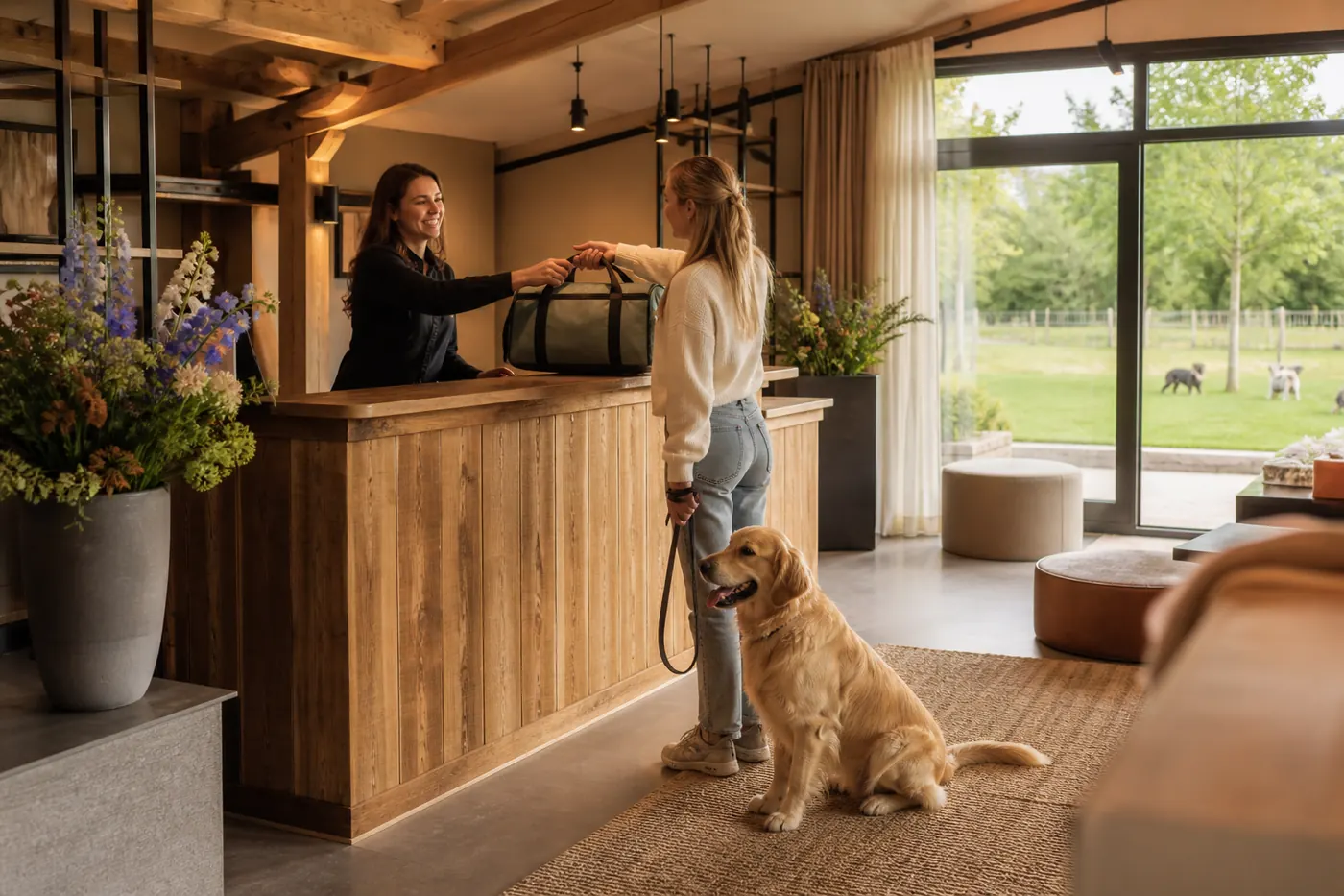 Eigenaar checkt in aan de houten balie van DoeDenk hondenhotel Utrecht met retriever op het tapijt