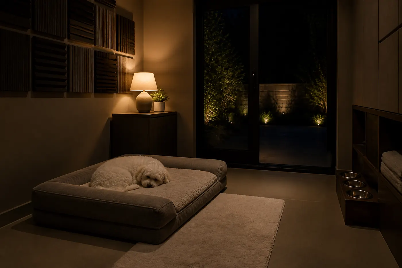 Kleine hond slaapt op een pluche bed in een stille luxe suite van het hondenhotel in Utrecht